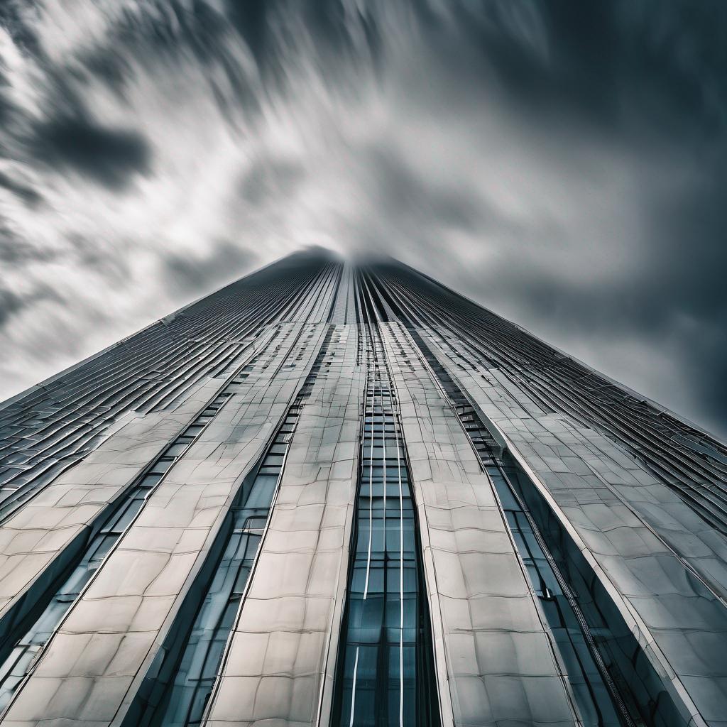 A towering skyscraper sways against a backdrop of ominous clouds, reflecting the hidden meanings behind dreams about tall buildings.