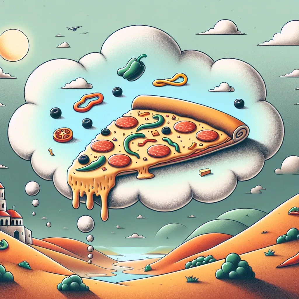 Illustration of a dreamy pizza in a surreal landscape