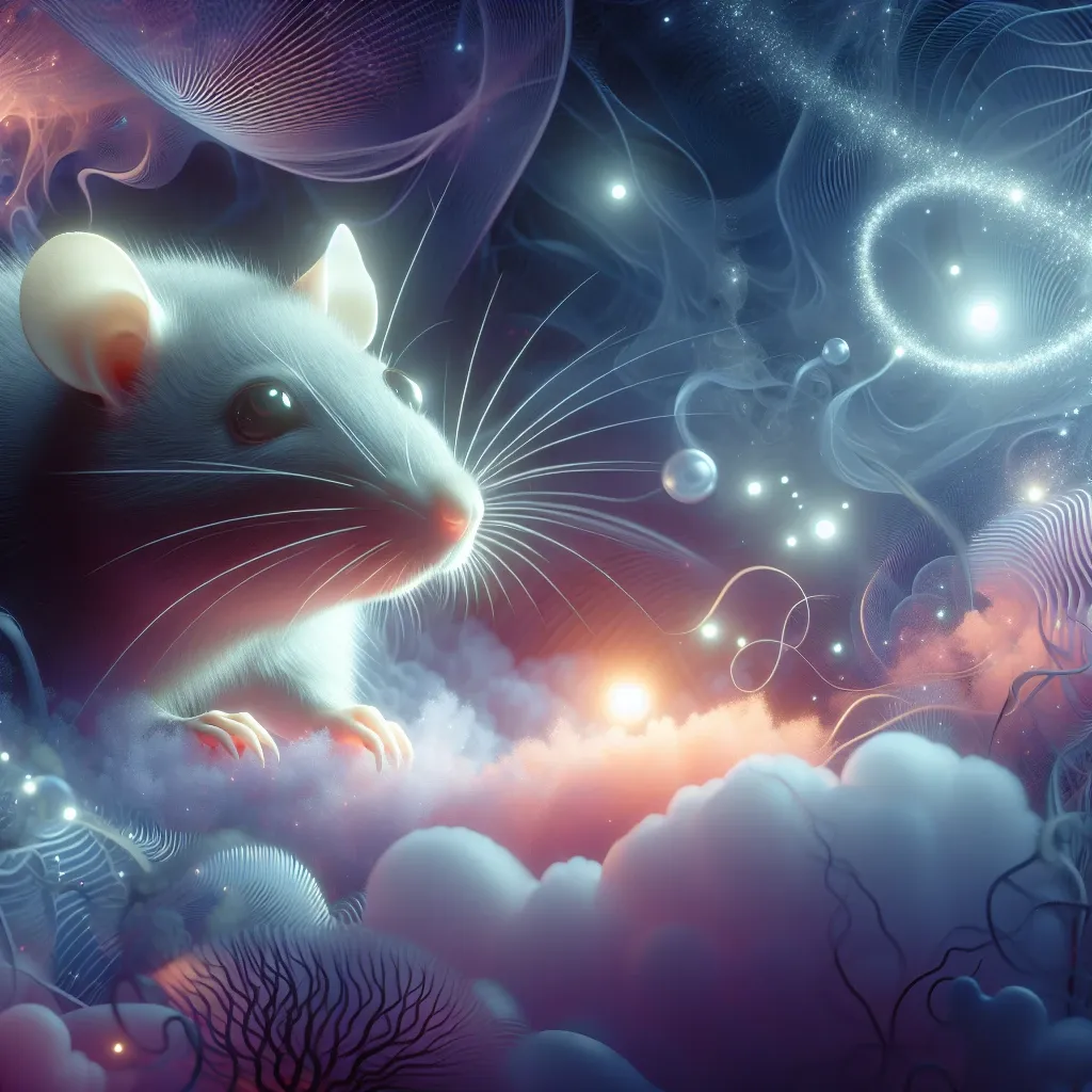 Illustration of a gray rat in a dream-like setting