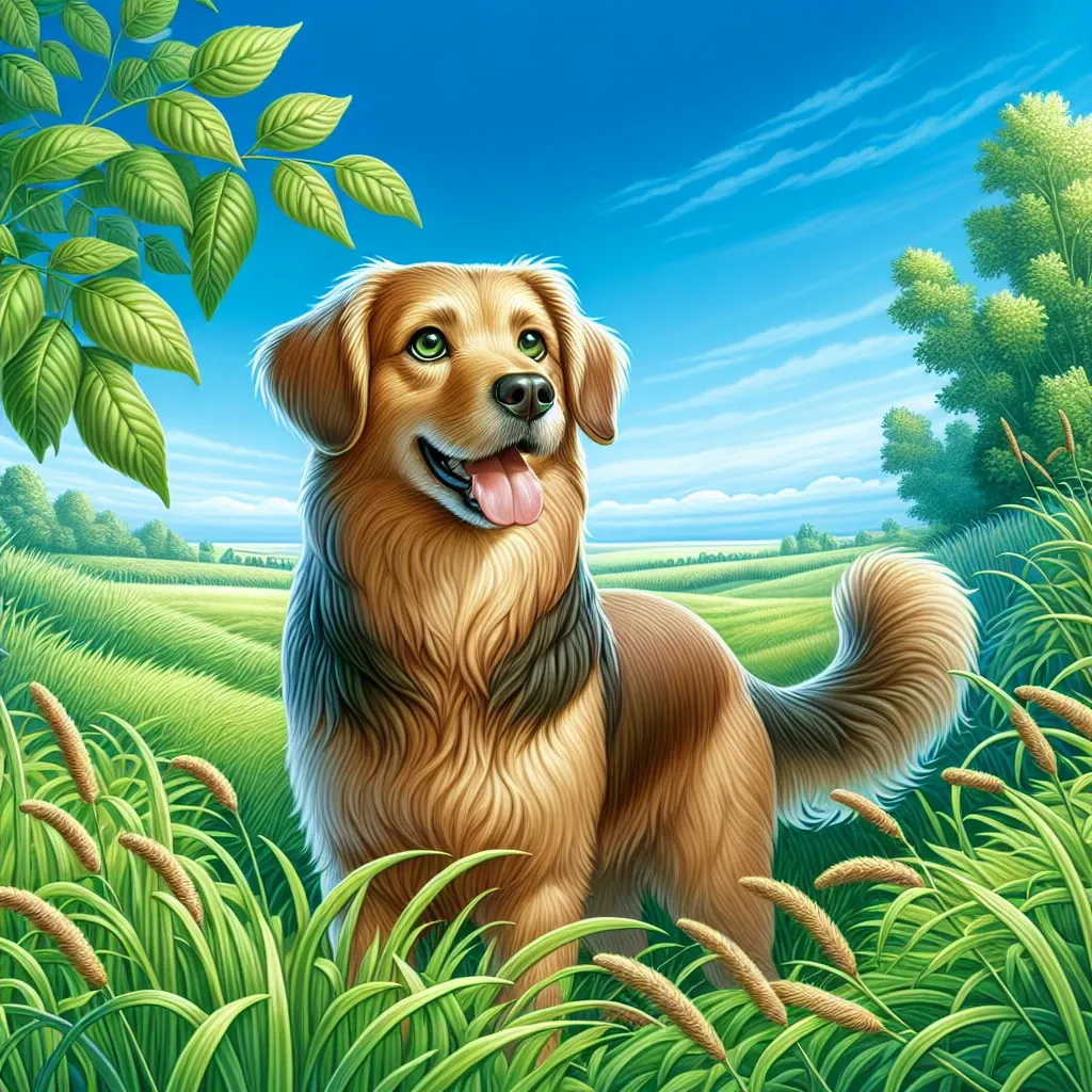 Illustration of a brown dog in a meadow