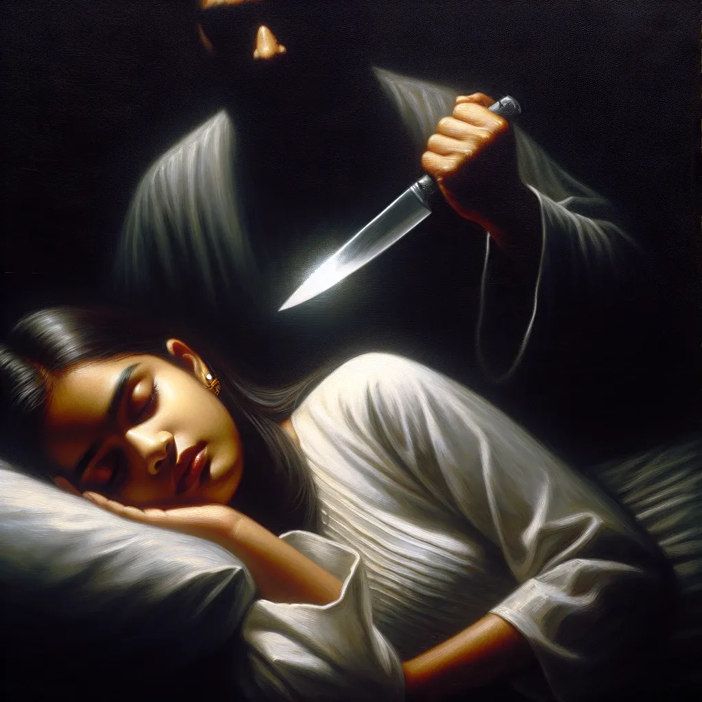 Illustration of a person dreaming about being stabbed in the stomach, symbolizing a mysterious and potentially unsettling dream experience.
