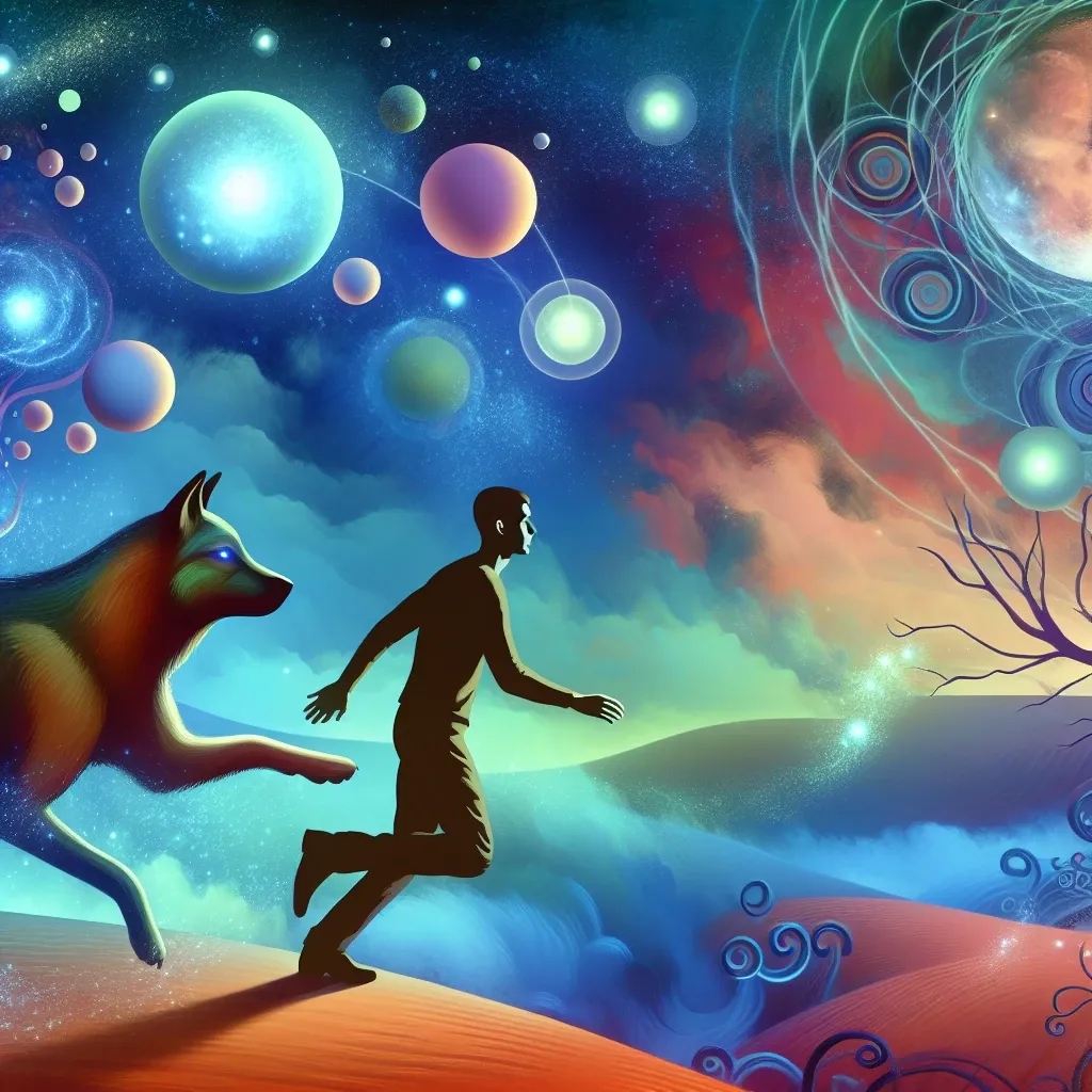 Illustration of a person being chased by a mystical dog in a dream