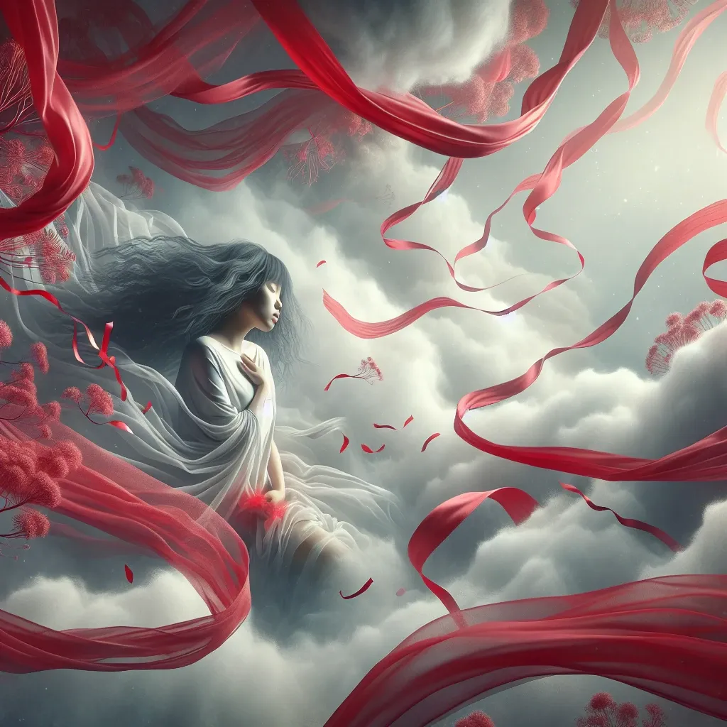 Illustration of a woman surrounded by flowing red ribbons, symbolizing period dream meanings.