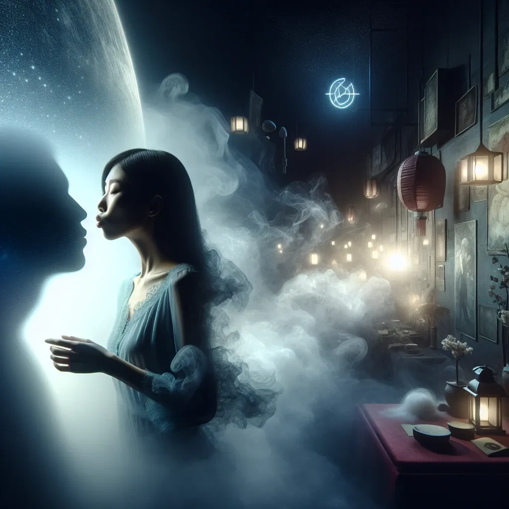 Illustration of a dream where a person is kissing a mysterious figure, symbolizing the mysteries of dreams.