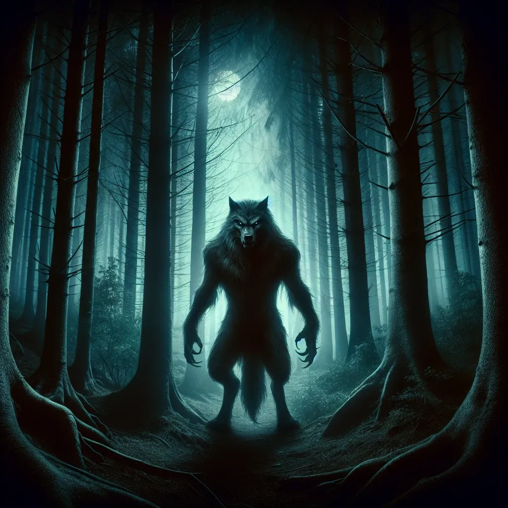 An artistic representation of a werewolf in a dark forest.