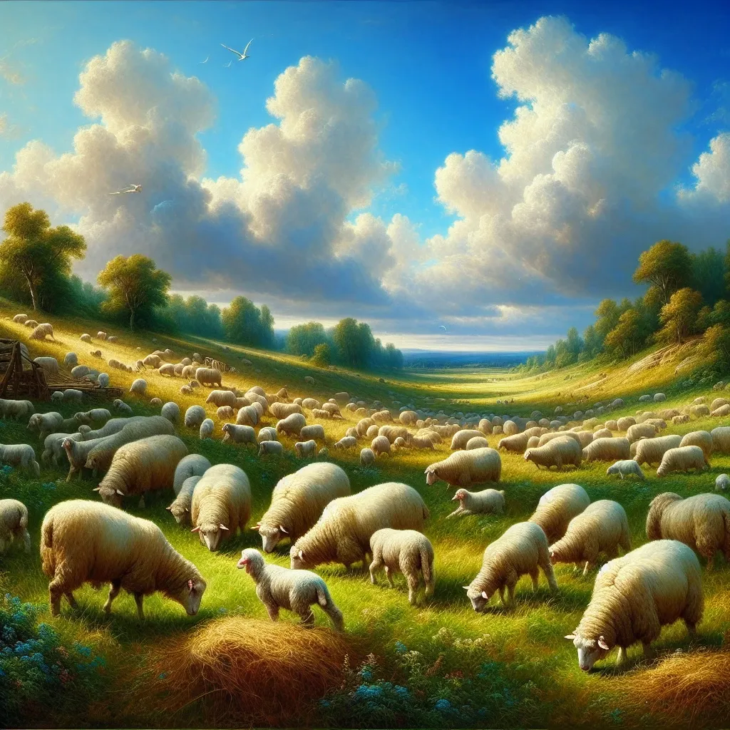Illustration of a flock of sheep grazing in a serene landscape.
