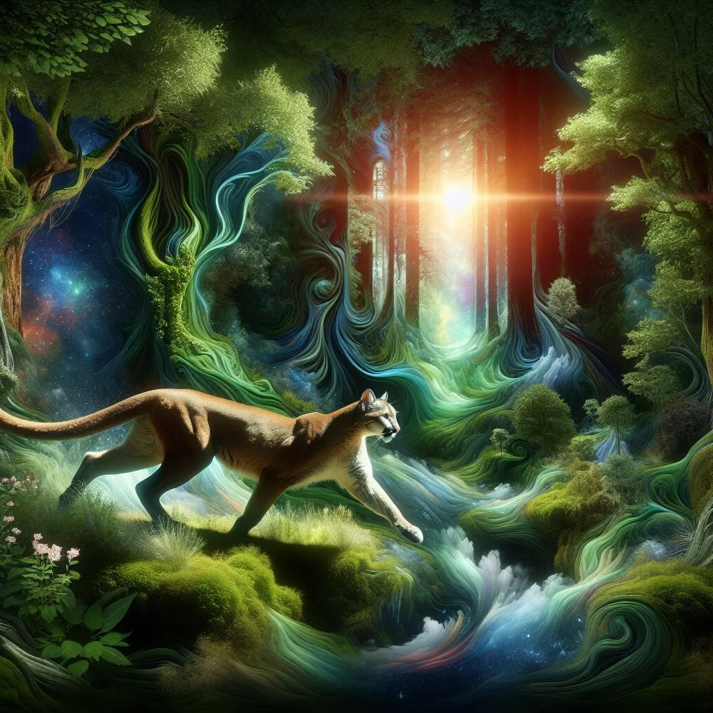 Illustration of a cougar in a dreamy forest