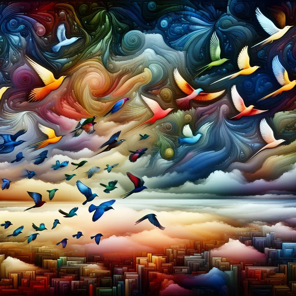 Illustration of colorful birds in a dream