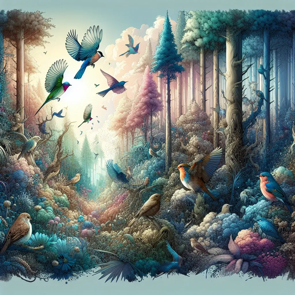 Illustration of a mystical world of birds