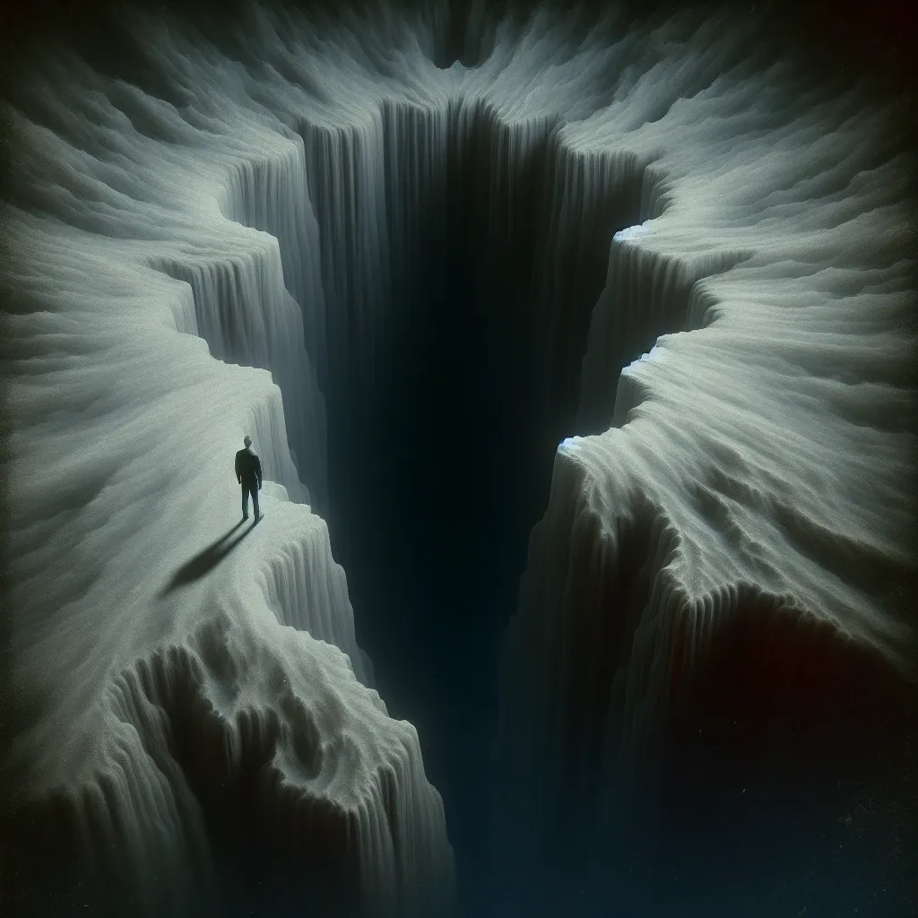 Illustration of a person standing on the edge of a dark abyss, representing the intense emotions and unease evoked by dreams of almost being sexually assaulted.