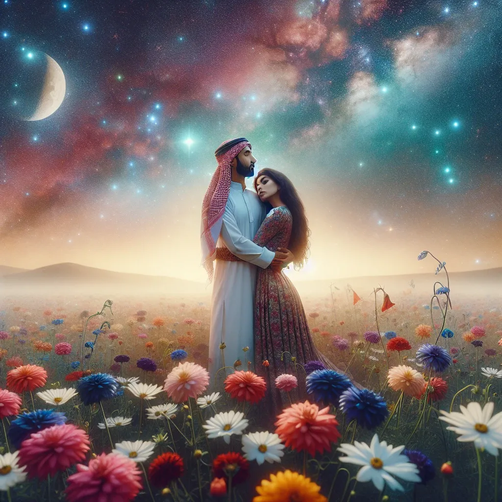 Dreamy image of two people embracing in a field of flowers under a starry sky.