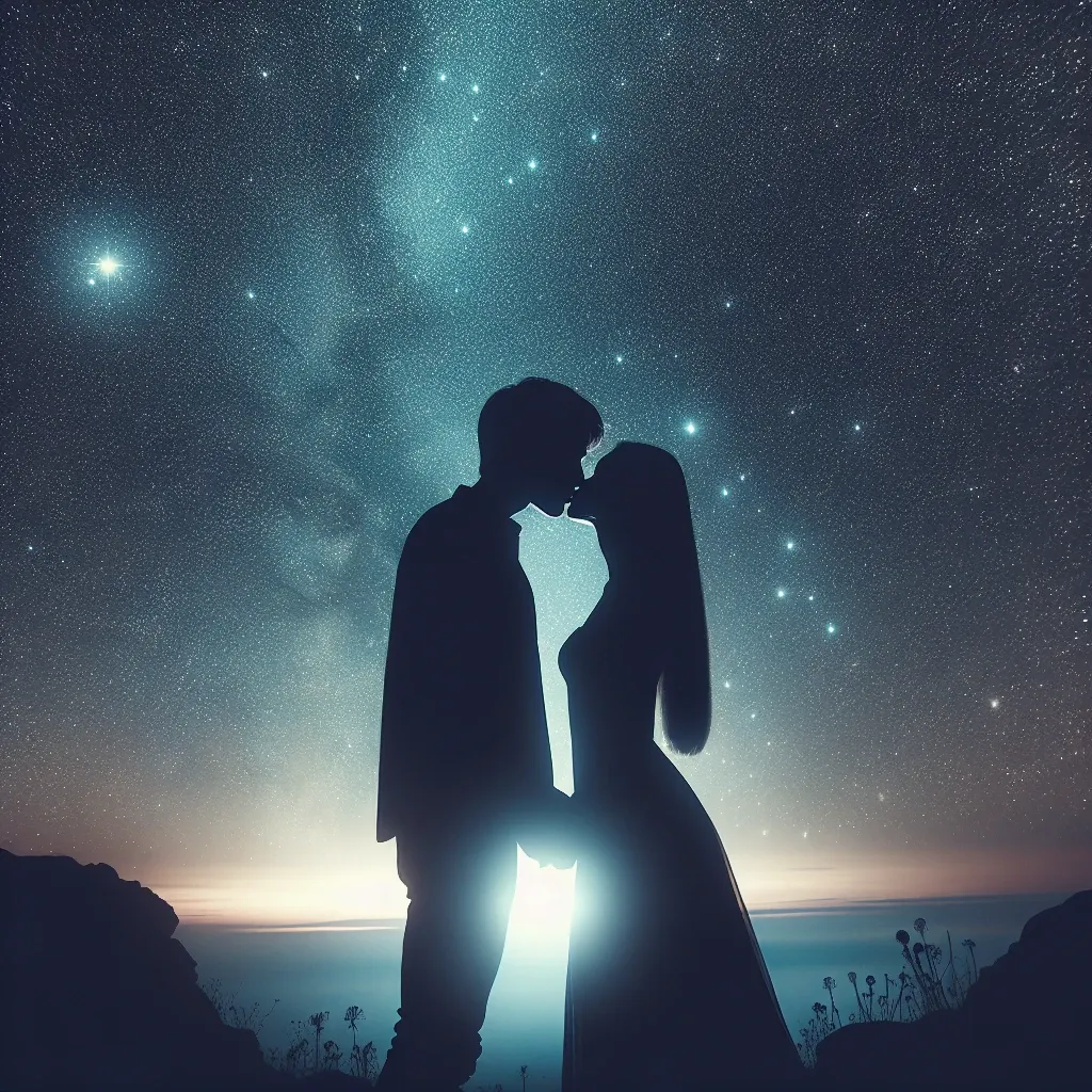 Two figures kissing under a starry sky