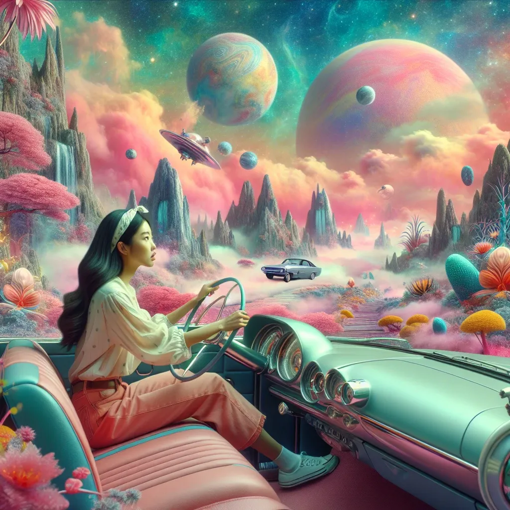 Dreamy landscape with a person driving a car