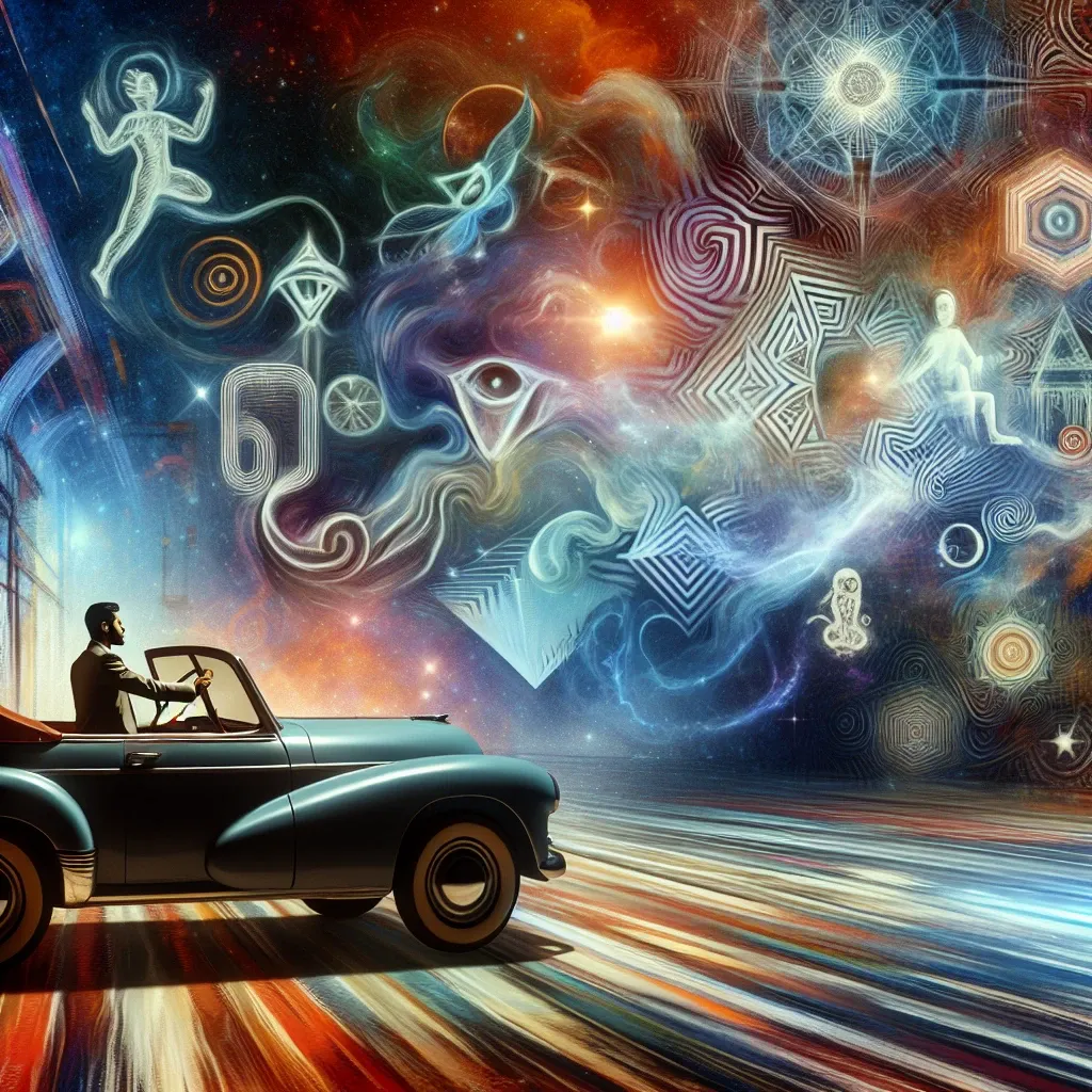 Illustration of a dream with a person driving a car in a symbolic and spiritual setting.