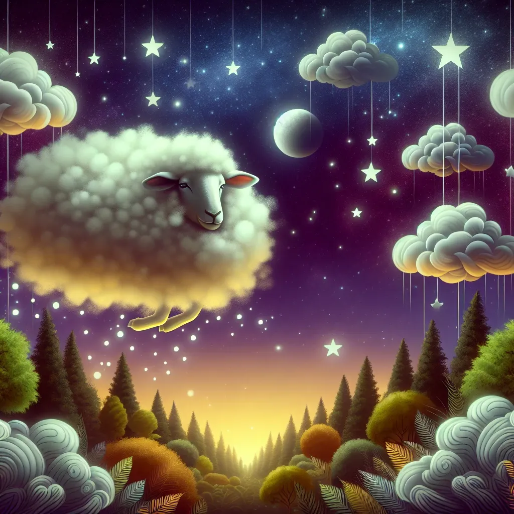 Illustration of a sheep in a dreamy forest